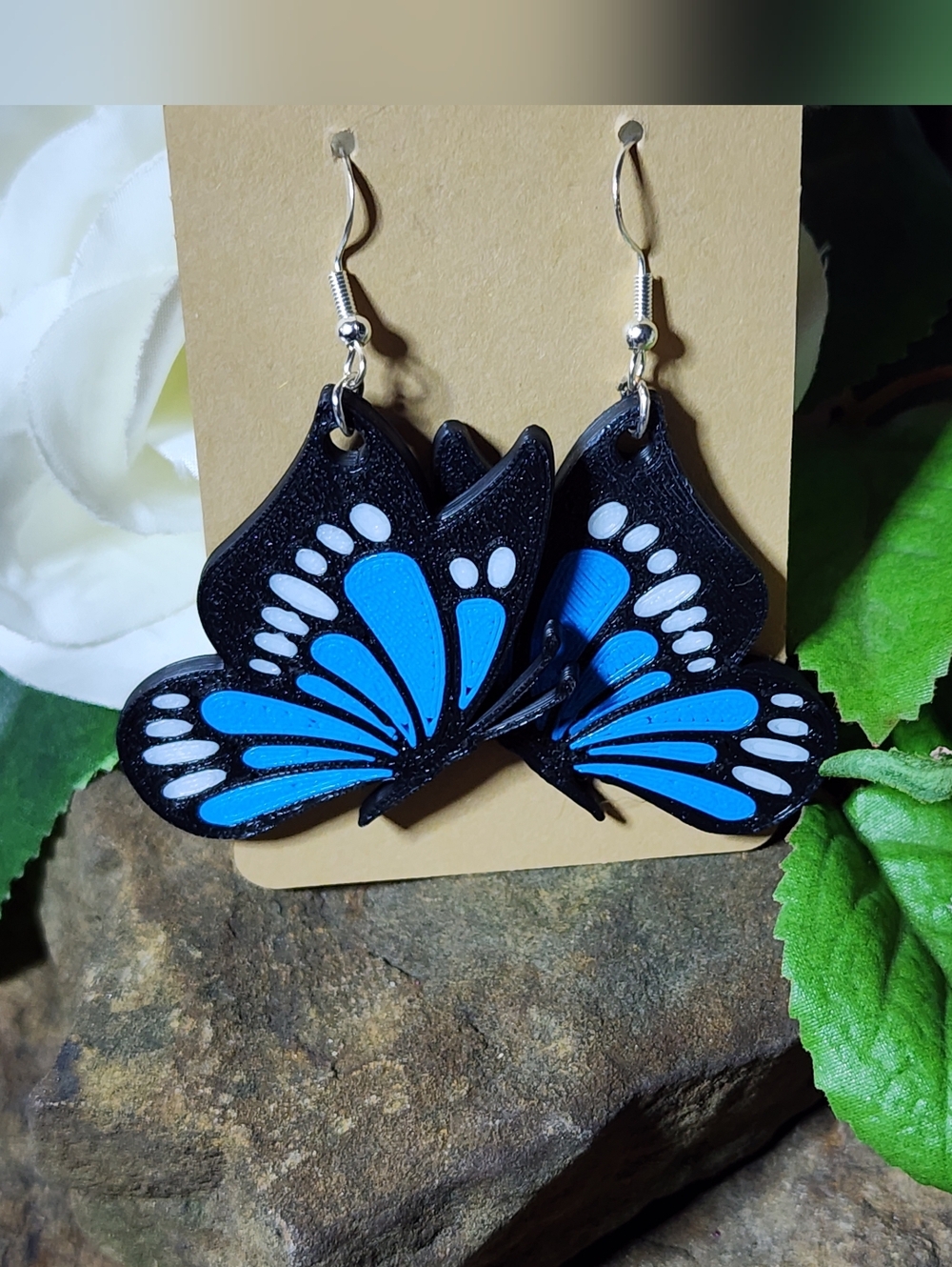 Hand Crafted Blue and White Butterfly Wing Earrings